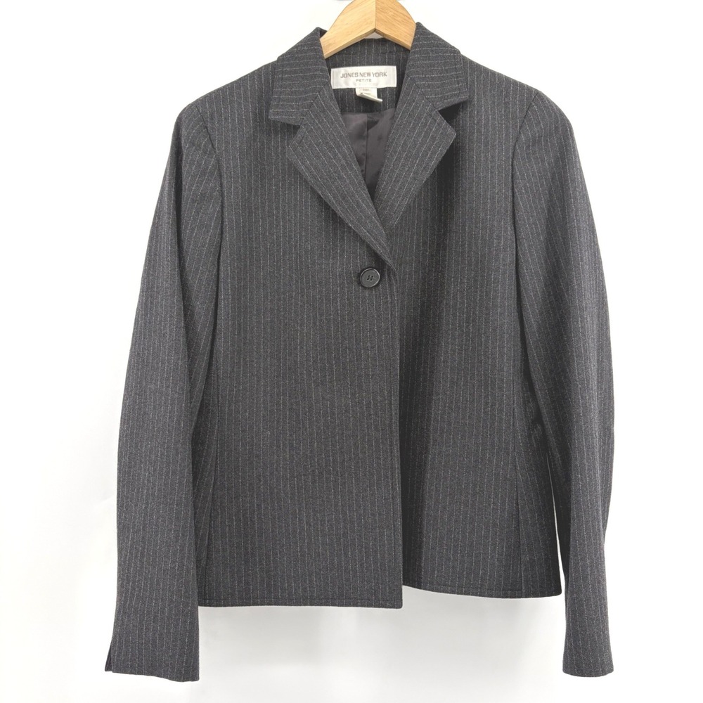 Jones New York Petite Wool Blazer Charcoal Gray Pinstripe Single Button 8P - Picture 3 of 9
